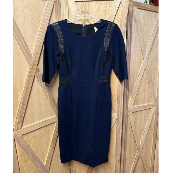 REBECCA TAYLOR navy blue black faux leather panel sheath midi dress - Picture 2 of 9